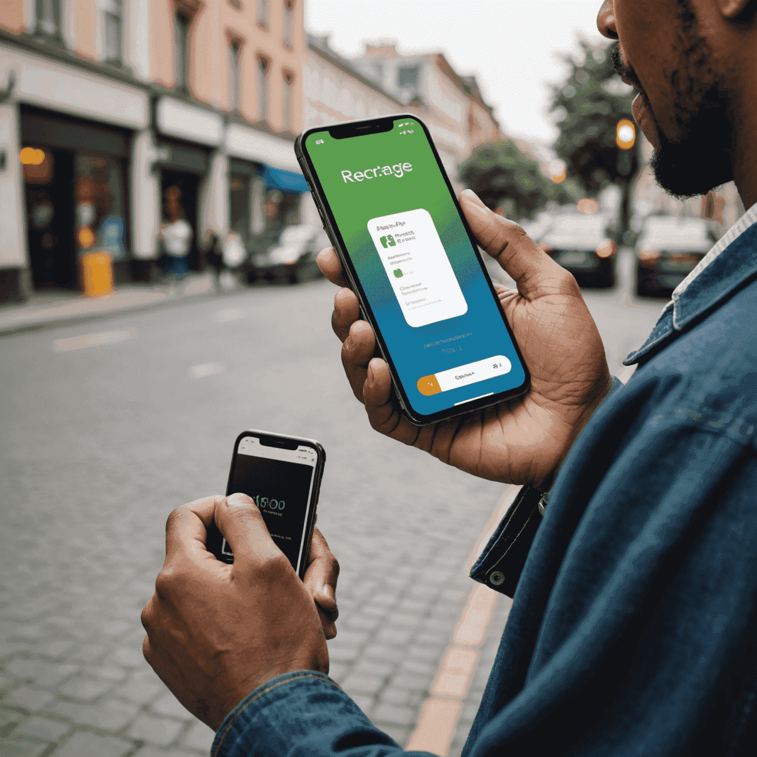 A person holding a smartphone with a recharge app open, showing various prepaid mobile plans and payment options