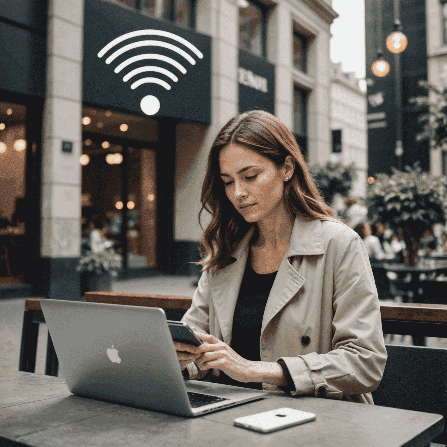 Woman using laptop and smartphone with high-speed WiFi