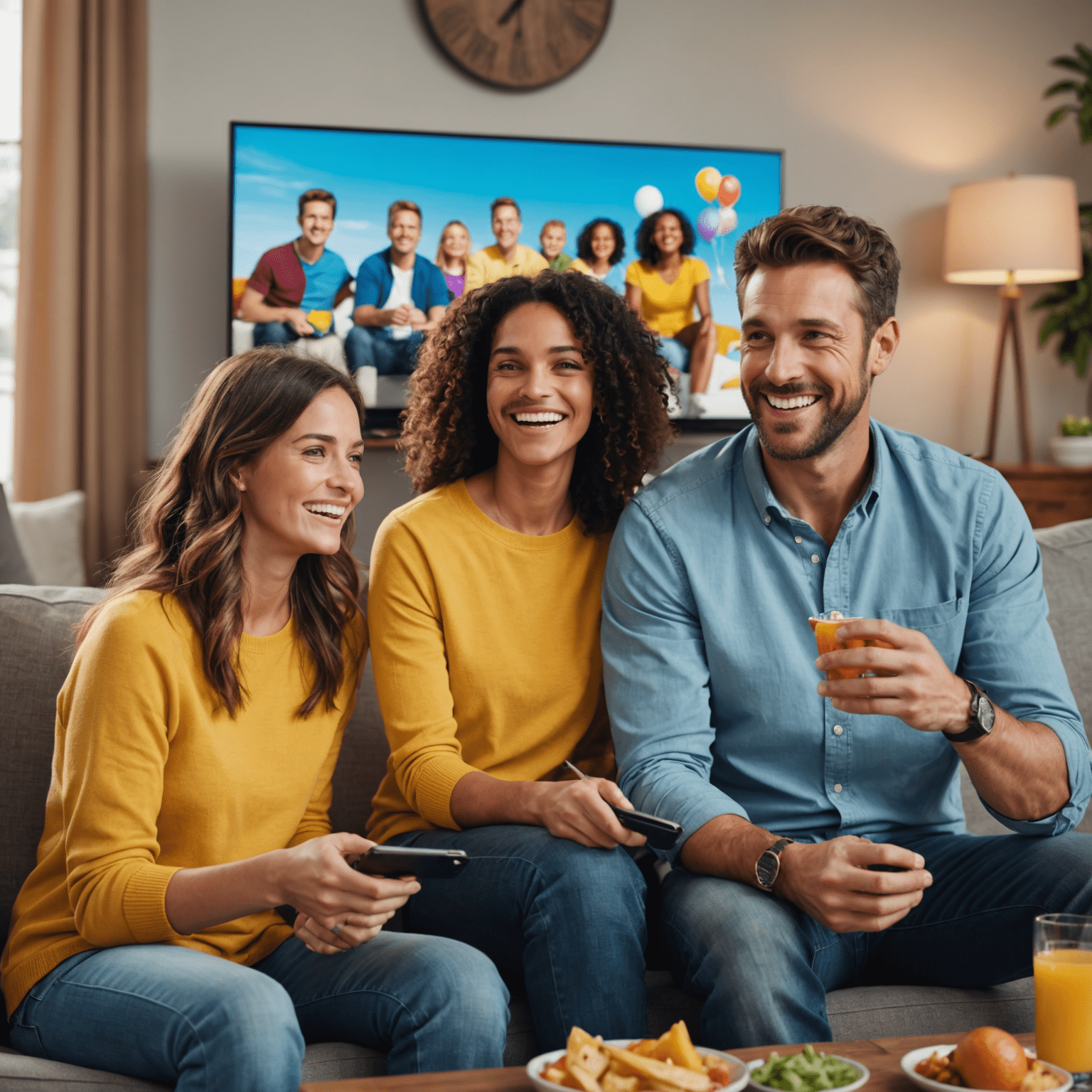 A family enjoying watching TV together on a large flat screen, smiling and looking entertained by the content. The TV is showing a colorful, dynamic scene.