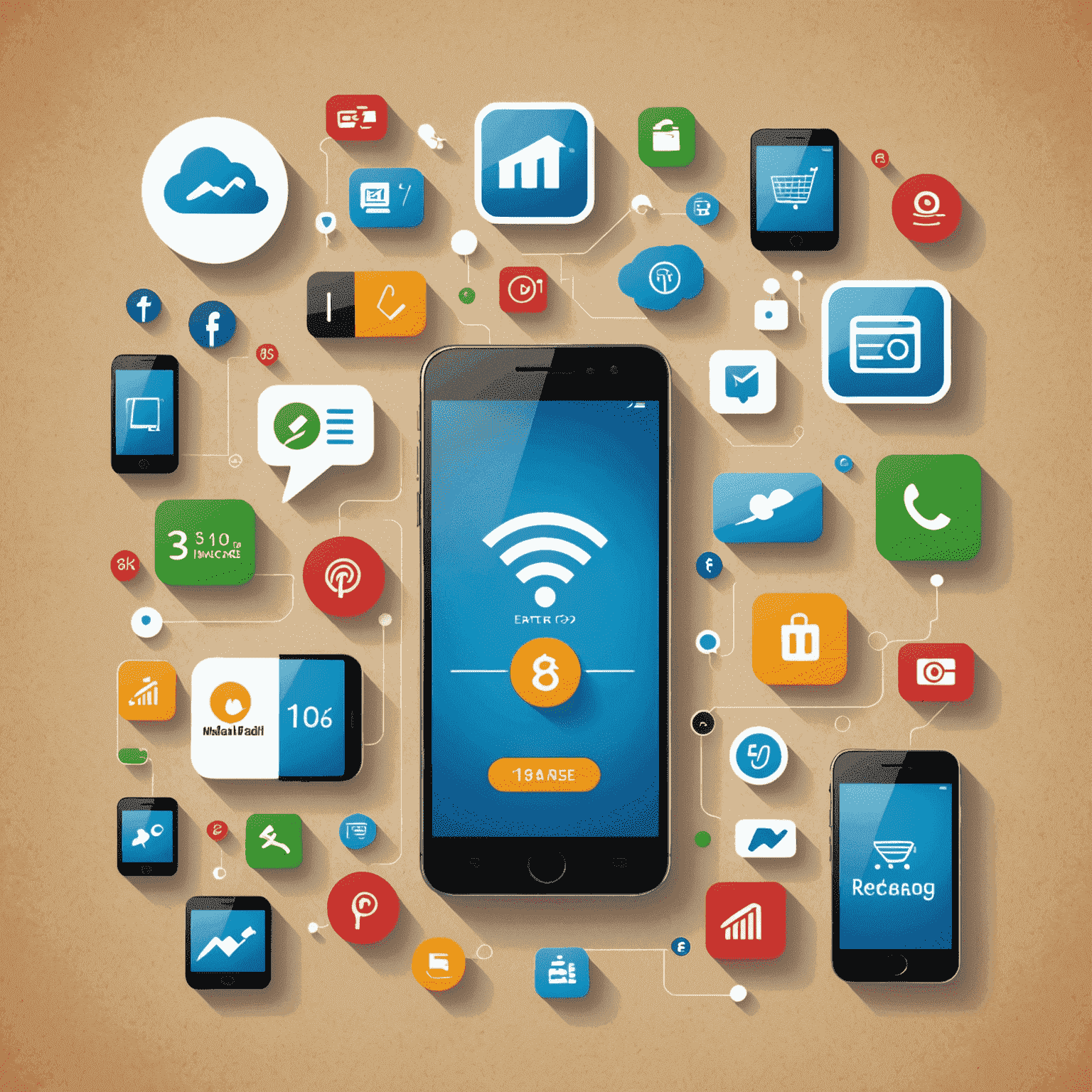 Illustration of various mobile devices and internet icons representing the latest offers and discounts on mobile and internet recharge plans from leading telecom providers in UAE