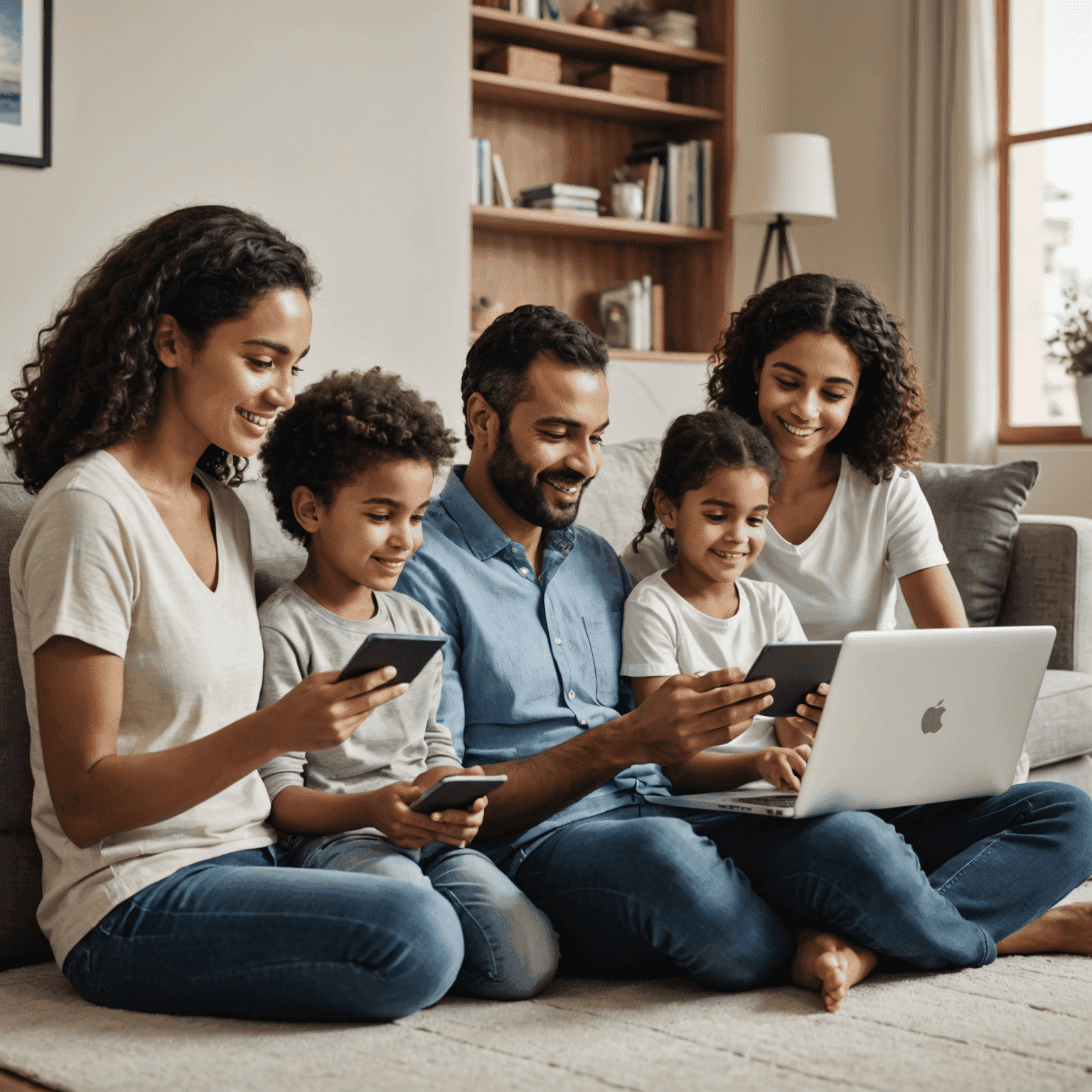 A family using various devices like laptops, tablets and smart TVs, enjoying high-speed home internet powered by leading telecom providers in UAE