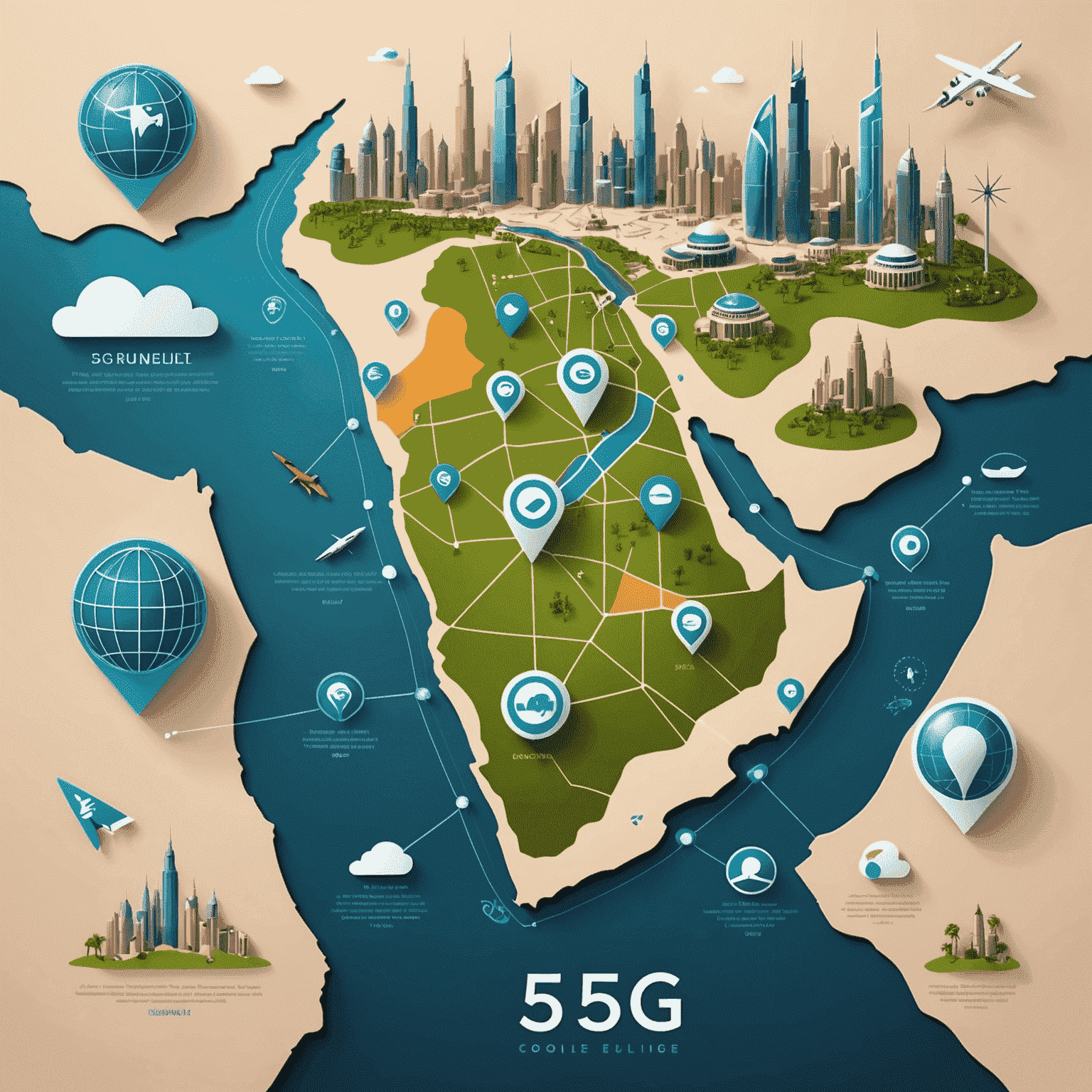 Illustration showing the 5G network coverage map of UAE, along with icons representing high-speed internet and enhanced mobile experience