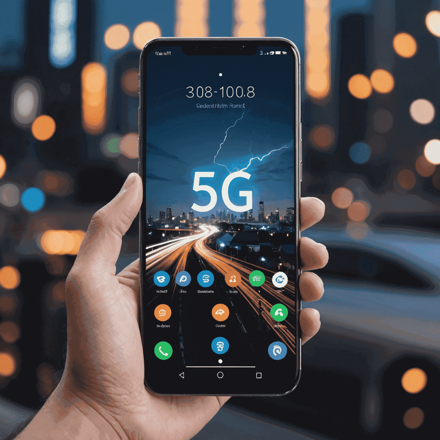 A 5G-enabled smartphone with lightning-fast download and upload speed indicators, showcasing the power of 5G technology