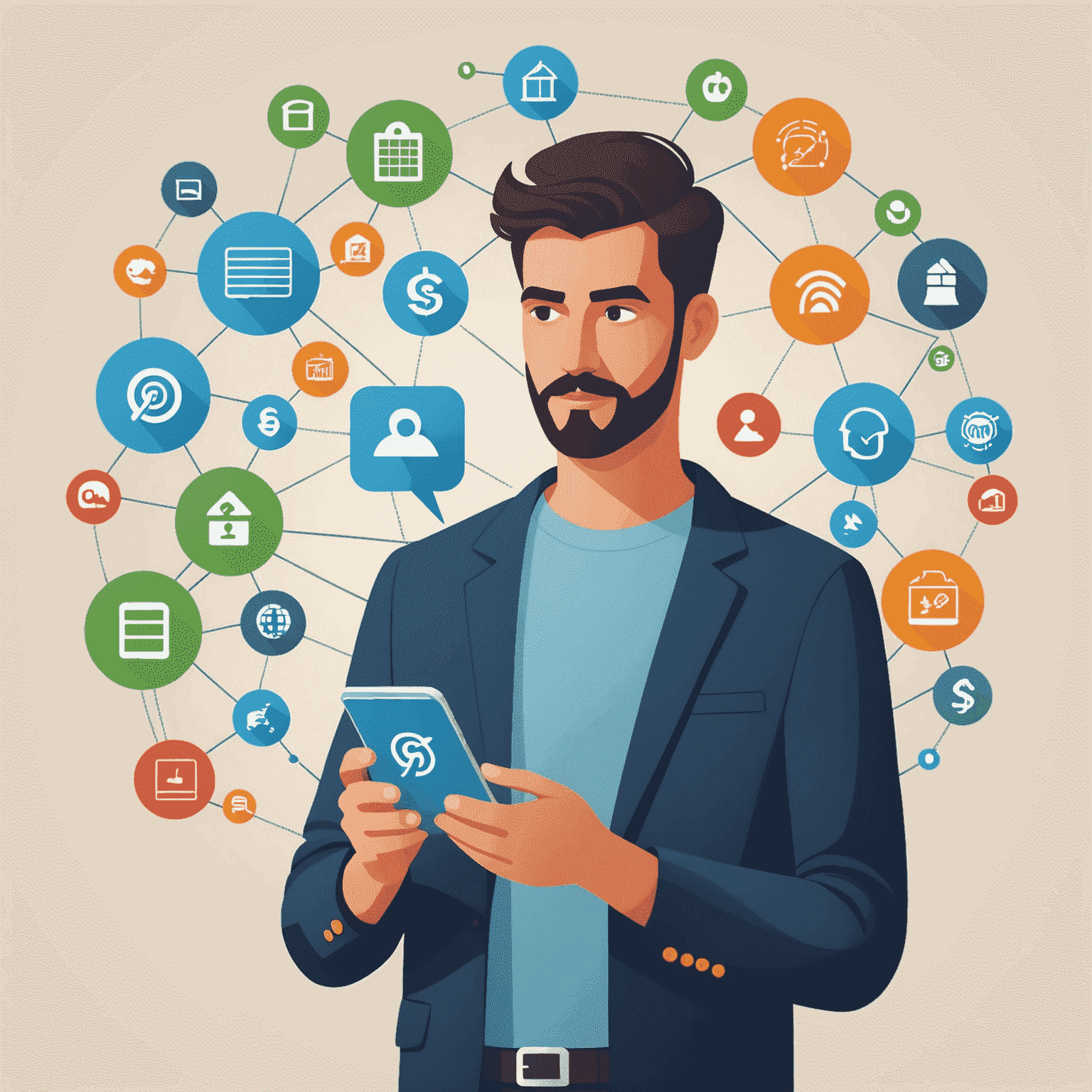 Illustration of a person comparing different mobile and internet plans, with icons representing usage, budget, and preferences